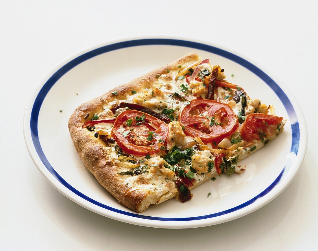 Rectangular Slice of Chicken and Vegetable Pizza on a Blue Rimmed Plate on a White Background