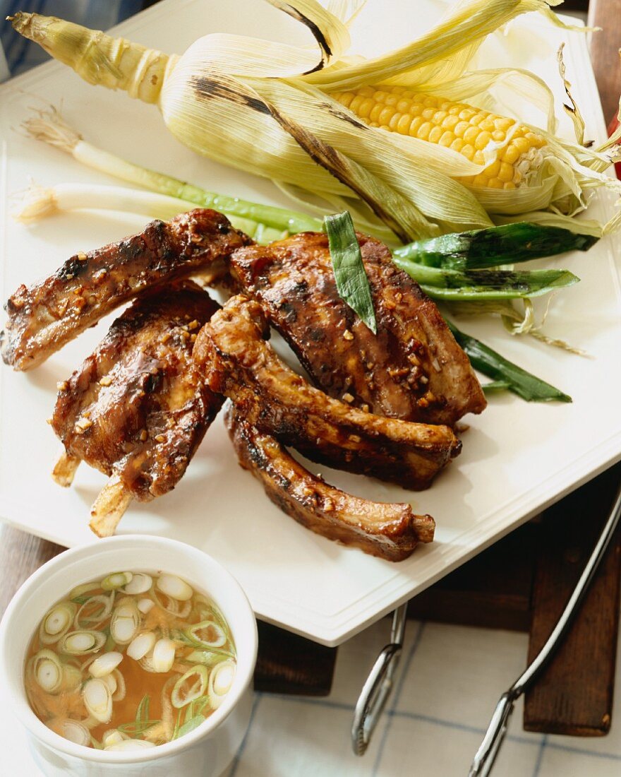 Barbecue Ribs with Grilled Green Onions and Corn on the Cob