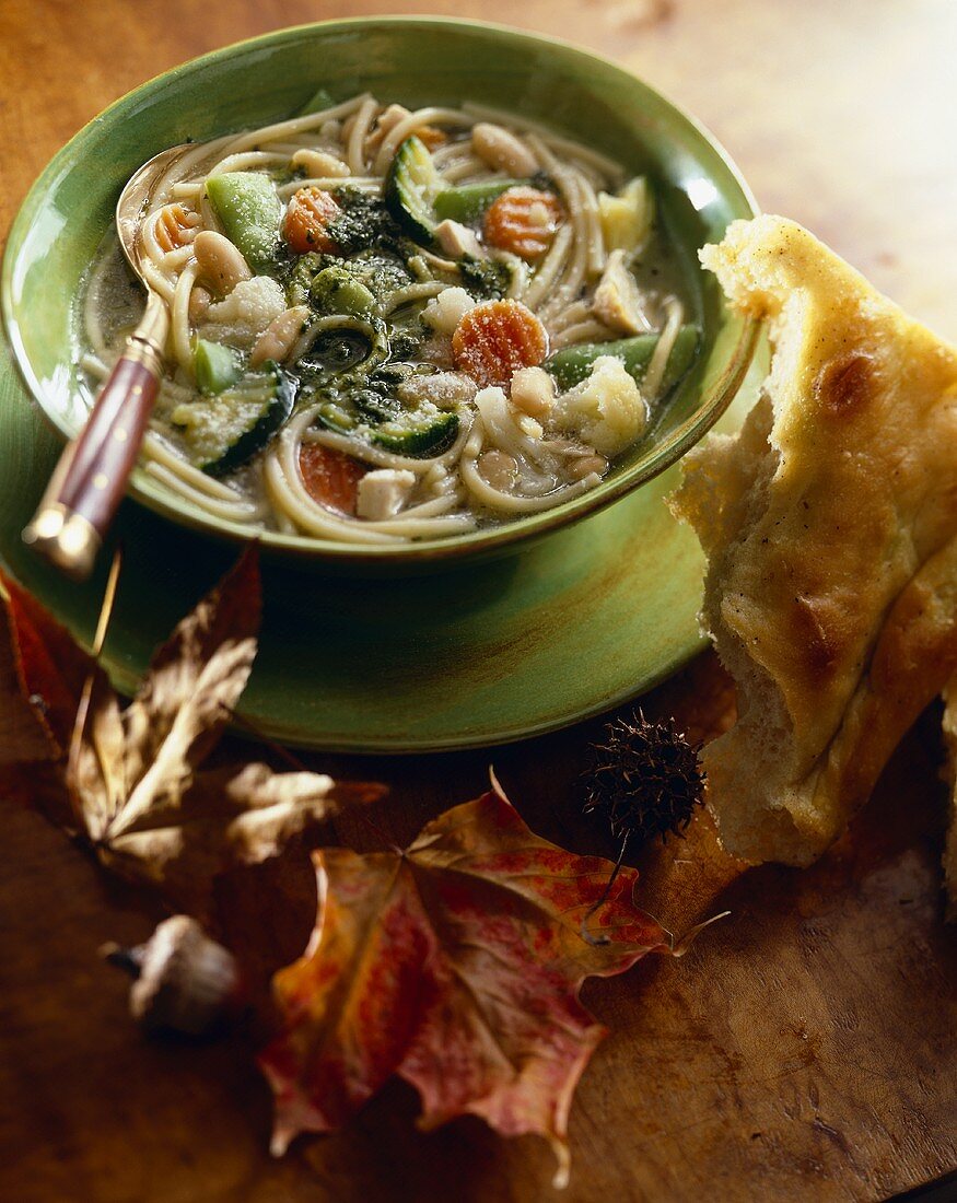Vegetable Soup with Spaghetti and White Beans; Focaccia