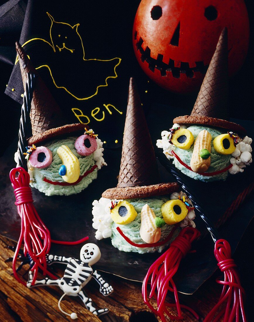 Halloween Ice Cream Witches with Licorice Broomsticks
