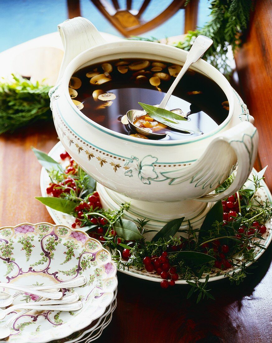 Full Soup Tureen on Christmas Decorated Platter