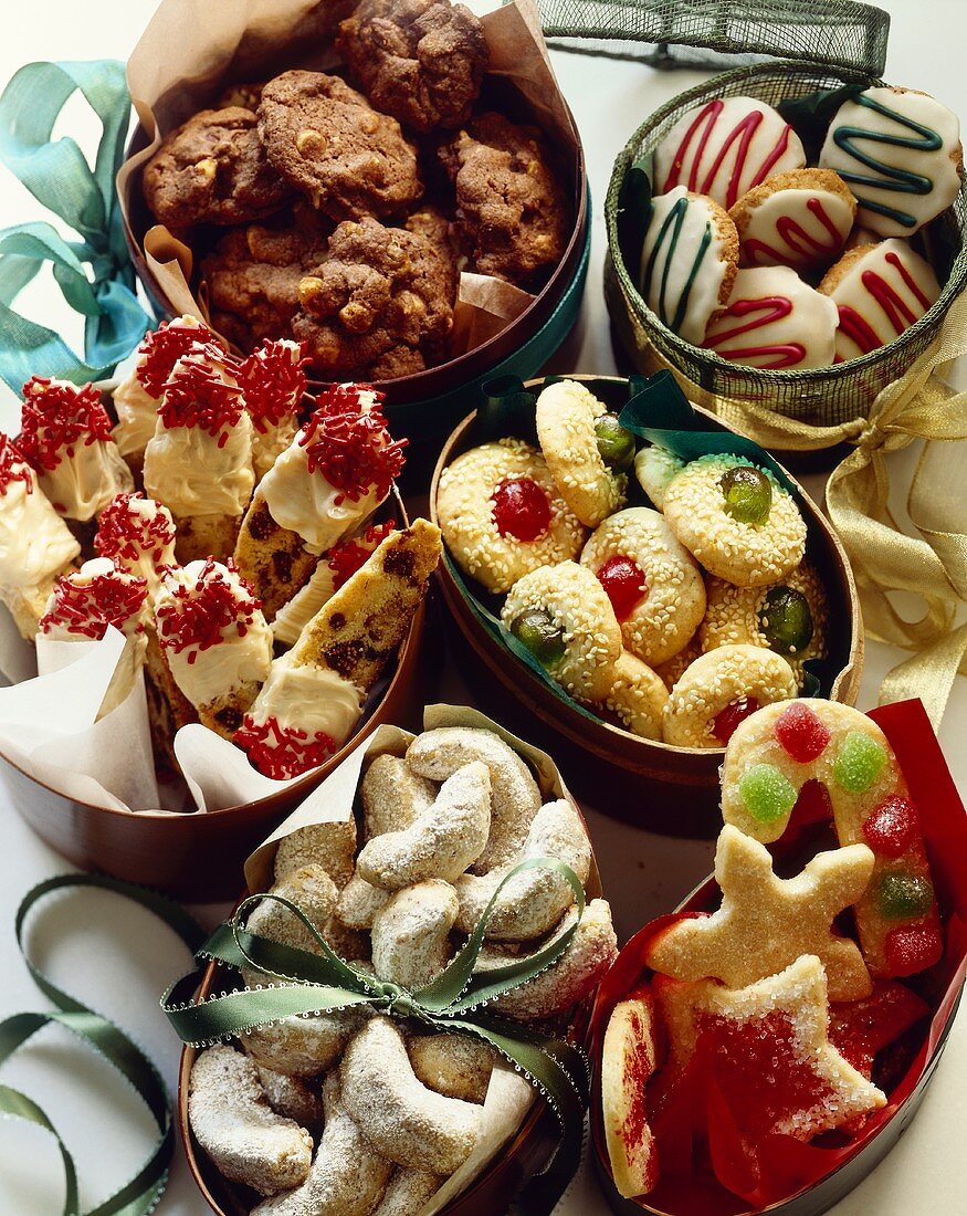 Various Christmas Cookies in Boxes