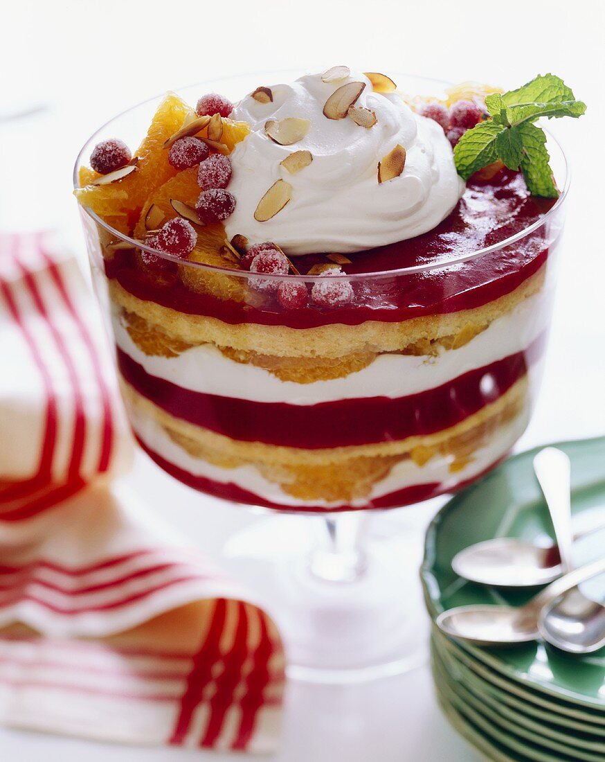 Cranberry Orange Trifle in a Trifle Dish; Serving Plates and Spoons