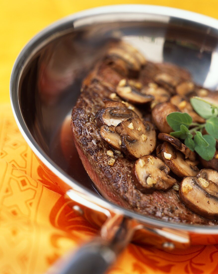 Pan Seared Steak with Mushrooms; In Pan