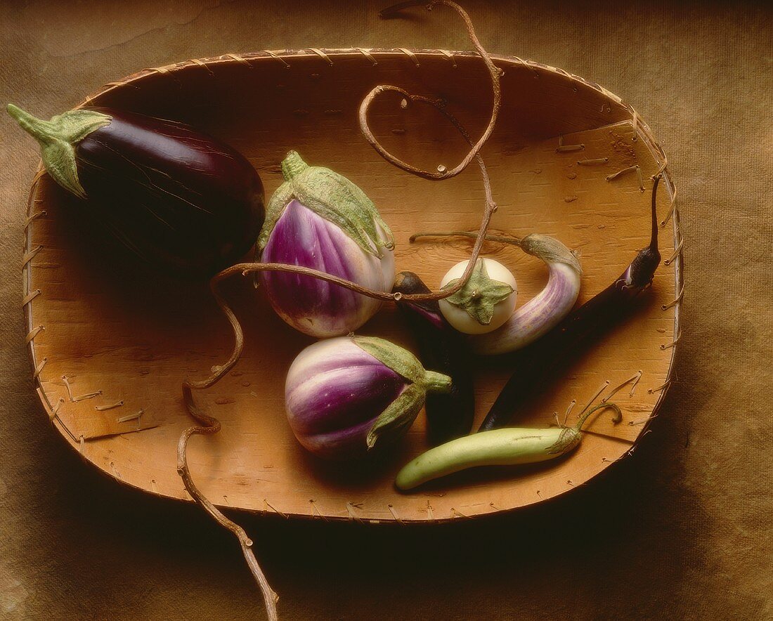 Various types of aubergines in wooden bowl