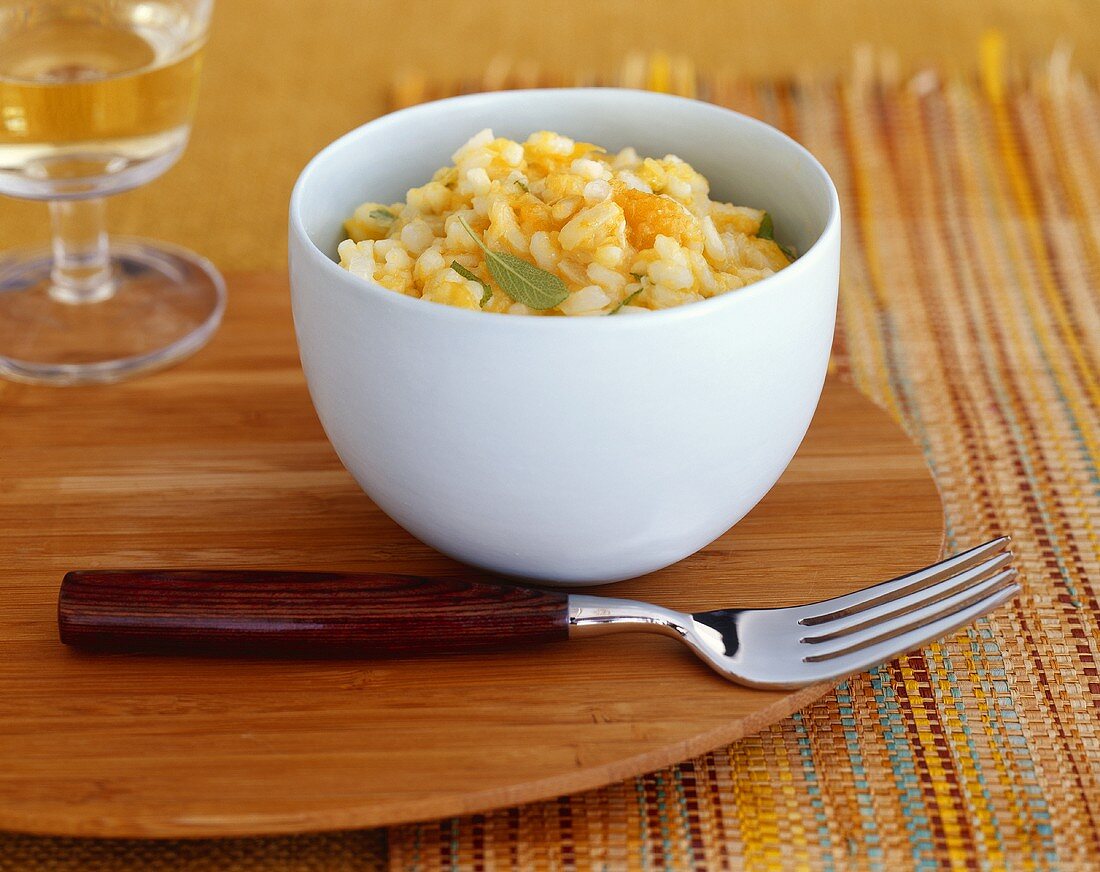 Bowl of Pumpkin Sage Risotto; Fork