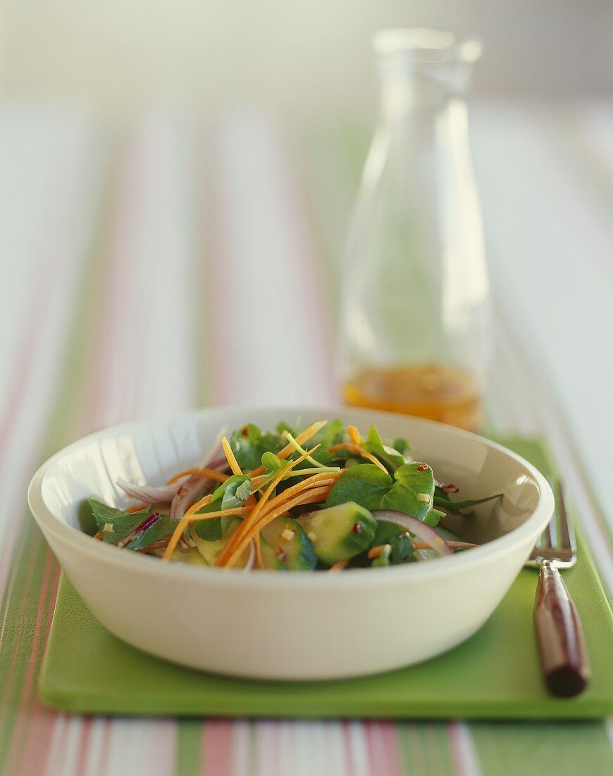 Asian Watercress Salad with Carrot, Cucumber and Red Onion; Bottle of Dressing