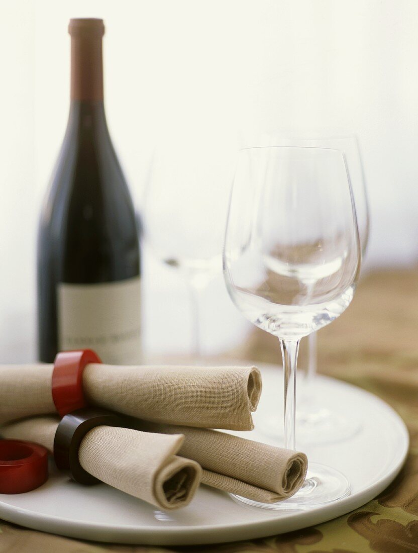 Linen Napkins in Napkin Rings with Empty Wine Glasses