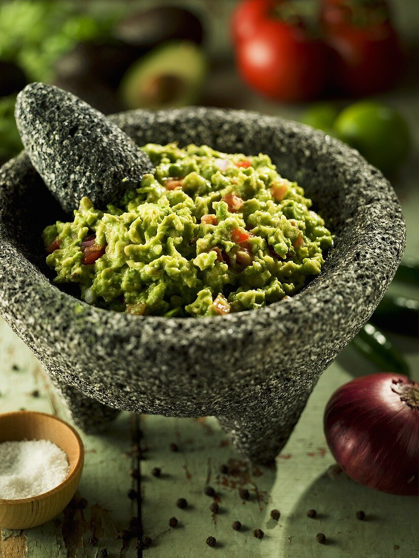 Freshly Made Guacamole in Mortar and Pestle