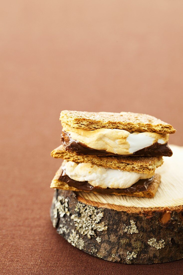 Zwei S'mores auf Holzstück (USA)