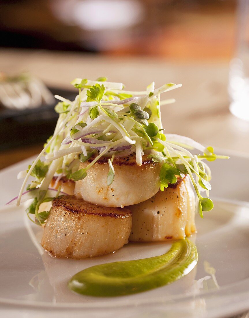 Seared Scallops Topped with Sprouts