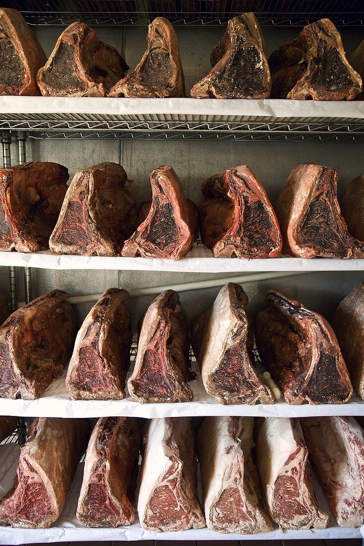 Steaks in a Dry Age Room; Fresh at the Bottom, Aged at the Top