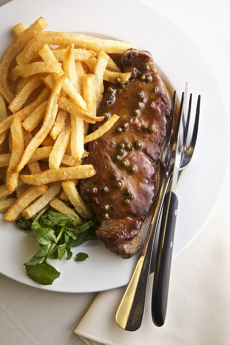 Steak with Peppercorns and French Fries; Fork and Knife