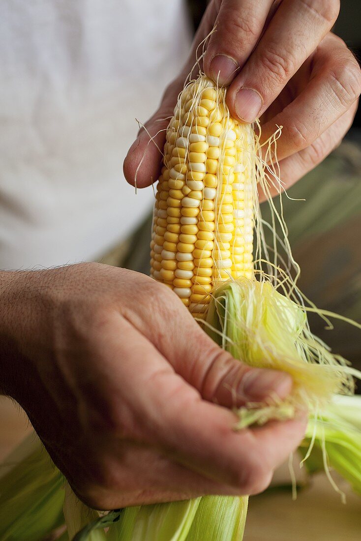 Man Shucking Corn on the Cob