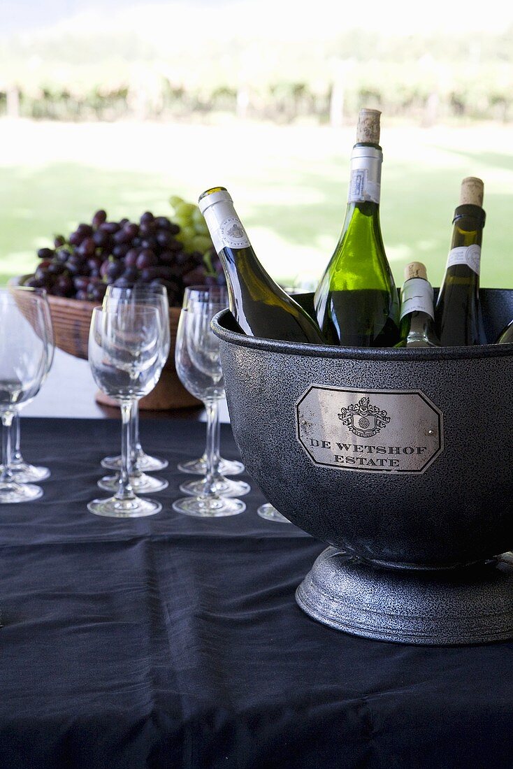 De Wetshof Wine Bucket with Wine Bottles; Glasses; Outdoor Table