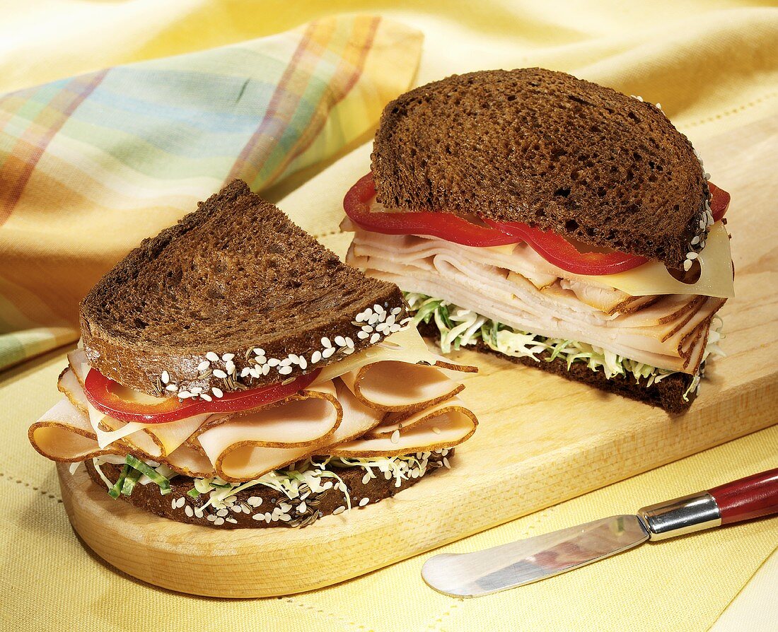 Turkey and Swiss on Rye with Red Bell Pepper; Halved