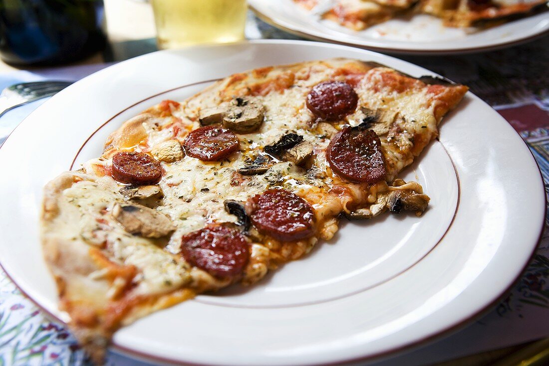 Thin Crust Pepperoni and Mushroom Pizza on a Plate; France