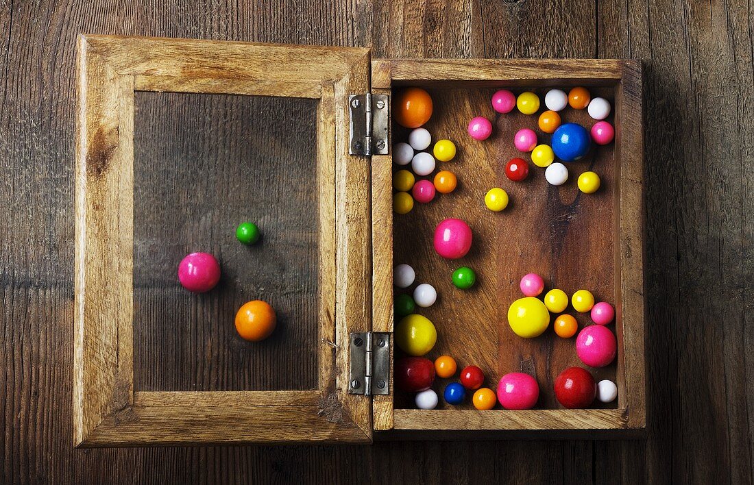 Colorful Gumballs in a Wooden Shadow Box