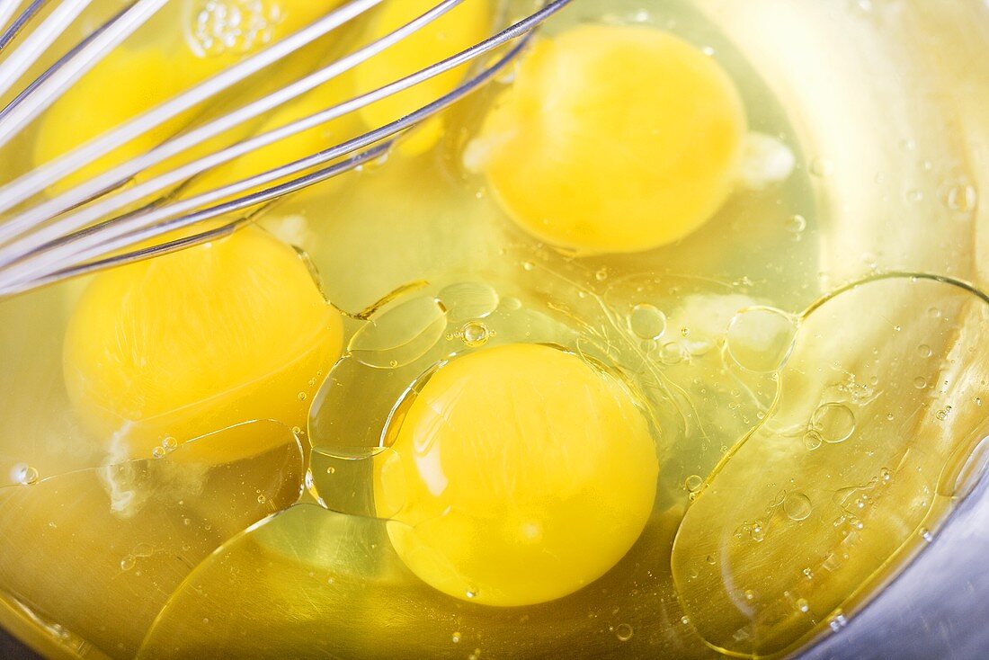 Cracked Eggs in a Bowl with Whisk