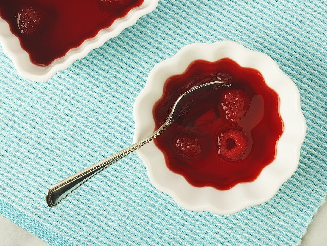 Bowl of Cherry Jello with Raspberries; From Above
