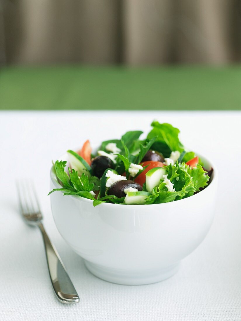 Bowl of Greek Salad with Feta Cheese and Kalamata Olives