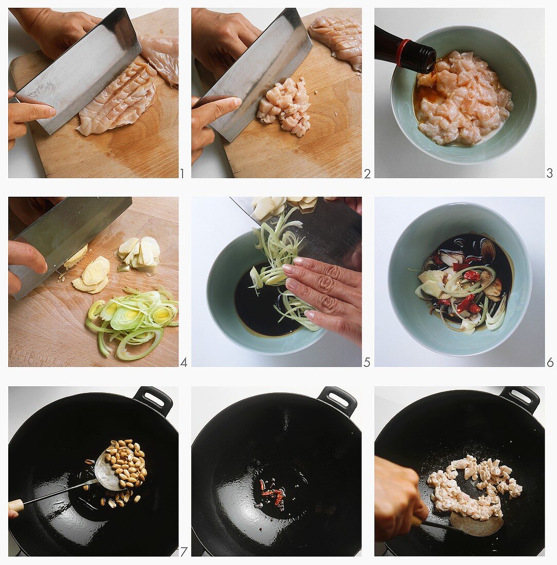Preparing fried chicken with chili and nuts