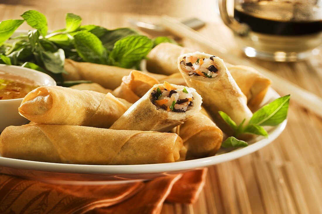 Platter of Fried Spring Rolls with Dipping Sauce