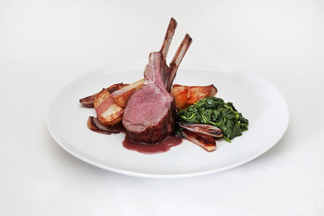 Rack of Lamb Dinner with Potatoes and Spinach