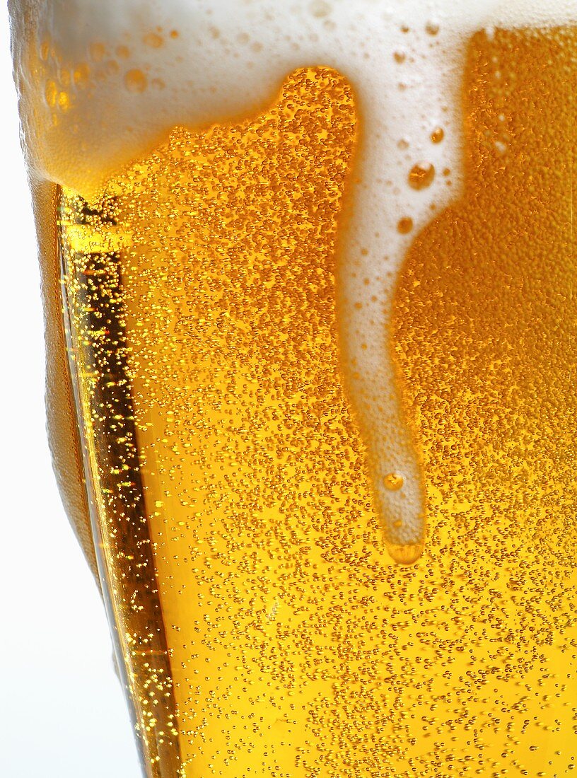 Foam Pouring Over Edge of Glass of Light Beer
