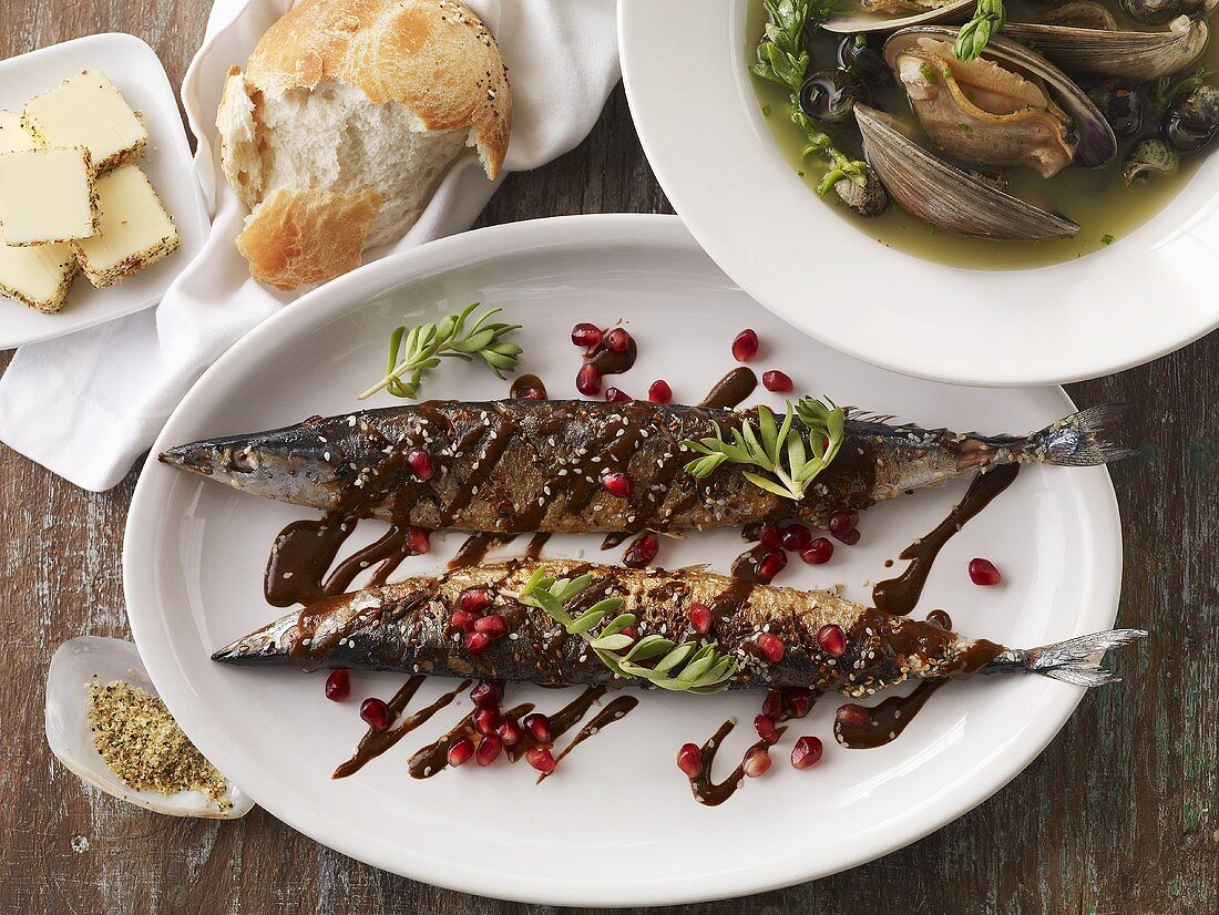 Mackerel with Pomegranate; Bread; Clams