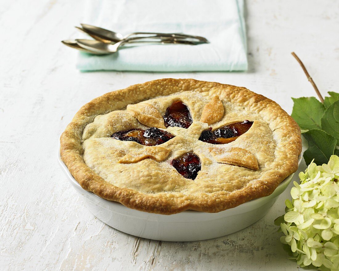 Deep Dish Blackberry and Peach Pie; Hydrangea and Spoons