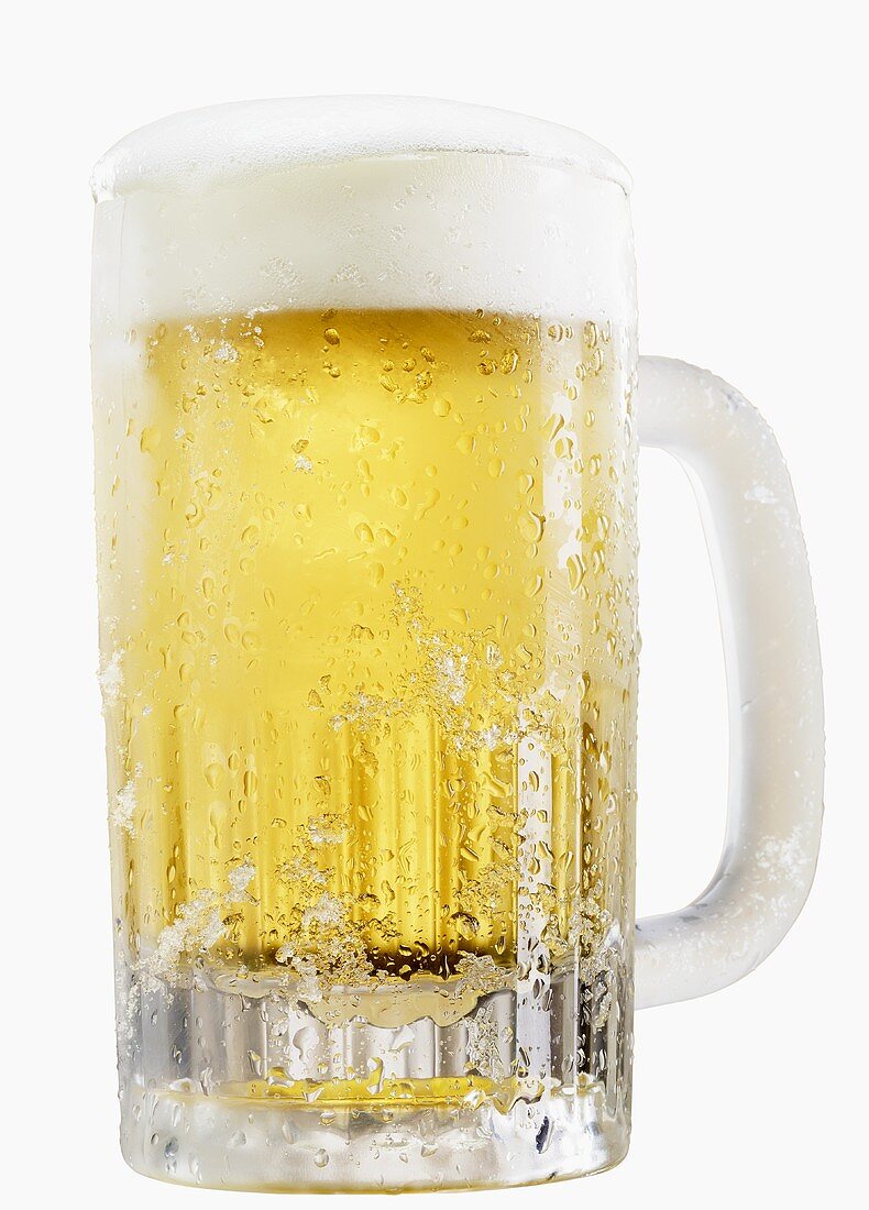 A cold lager in a glass tankard