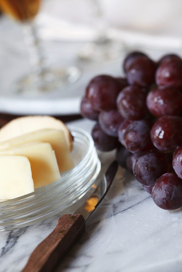 Käse und frische rote Trauben