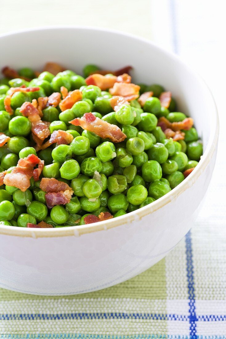 Bowl of Peas with Bacon in Serving Bowl