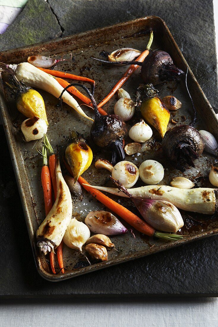 Roasted Mixed Vegetables on a Baking Sheet