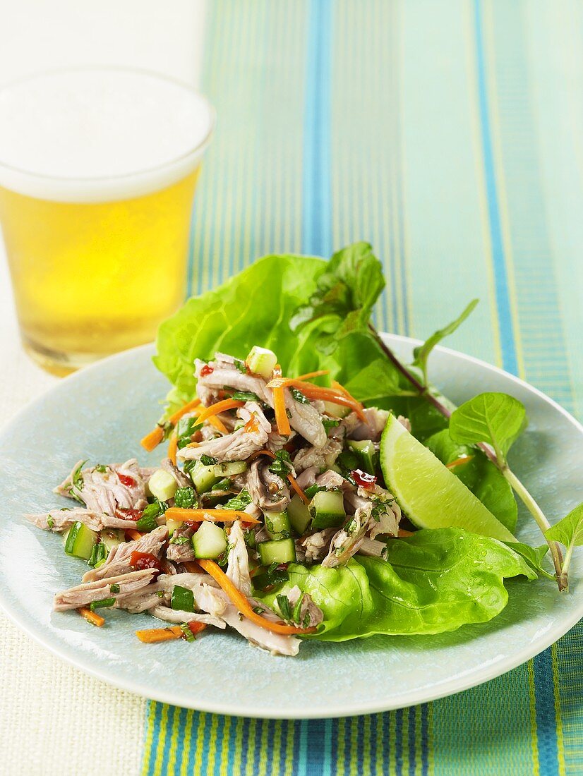 Thai Turkey Lettuce Wraps with Lime-Flavored Lager Dressing