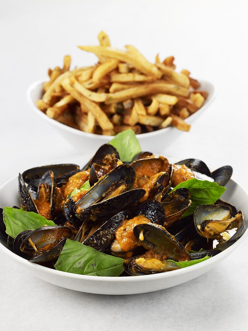 Skillet Roasted Mussels with Basil; French Fries