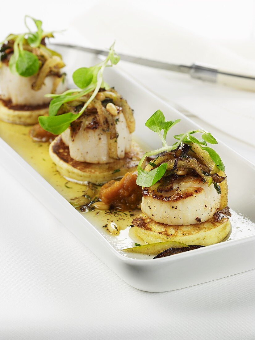 Scallops on Johnny Cakes with Apple and Squash Puree