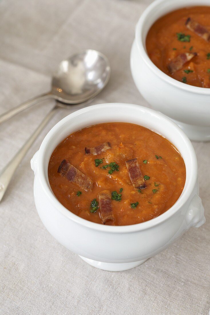 Two Bowls of Tomato Soup with Bacon