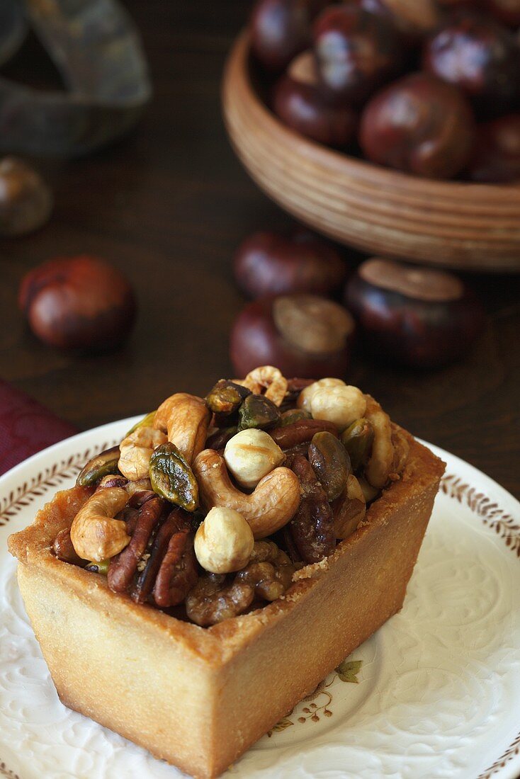 Mixed Nut Tart on a Plate