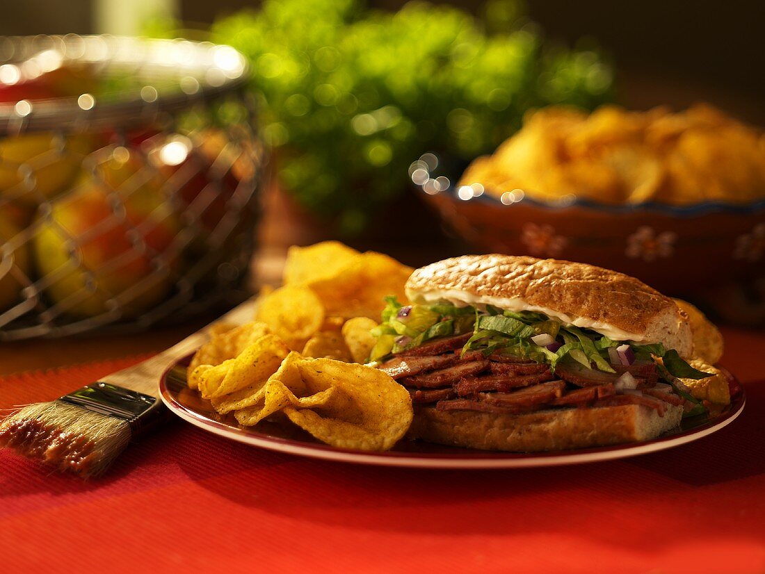 Sliced Barbecue Pork Sandwich with Chips