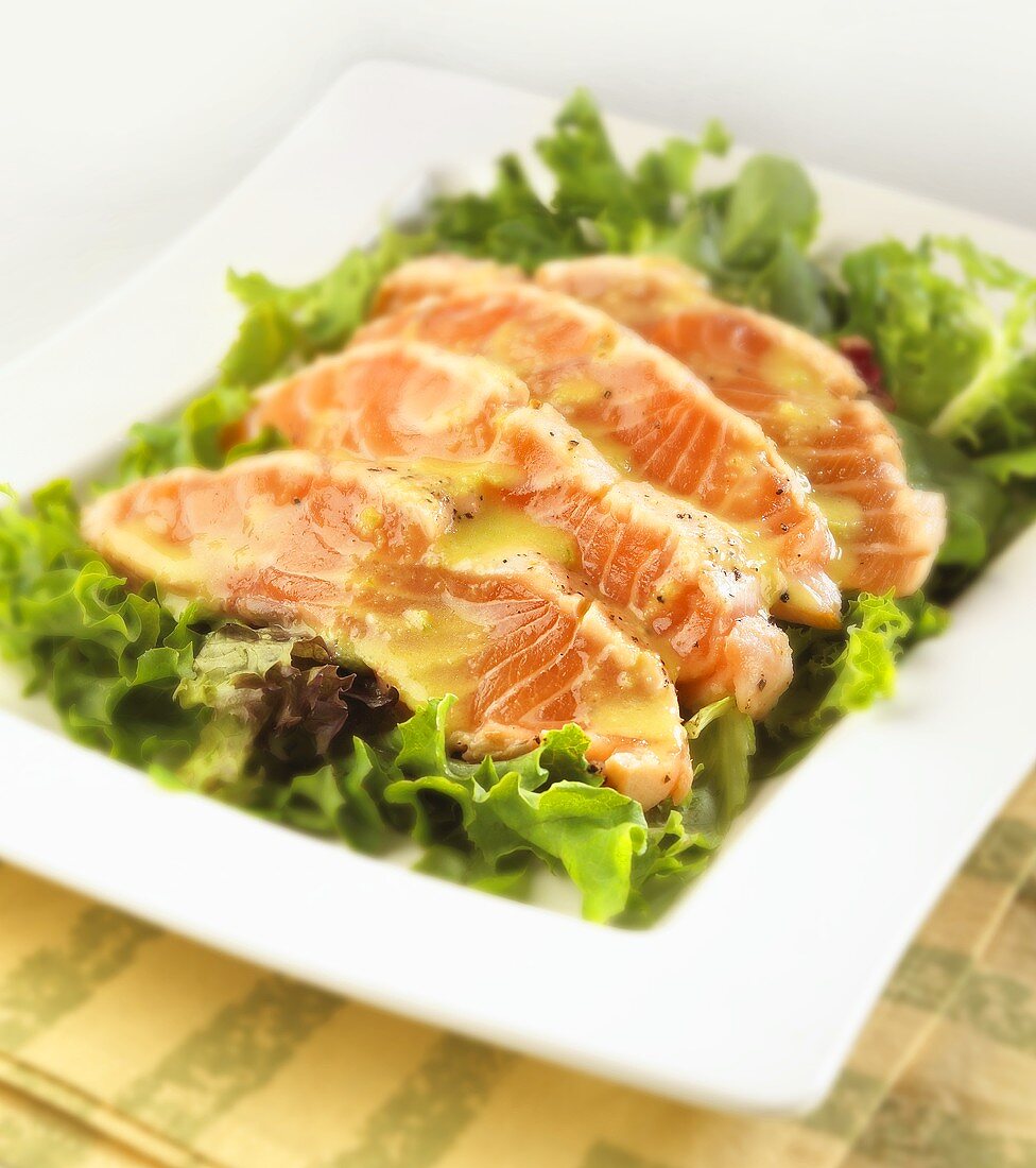 Salmon Salad on a Square White Dish