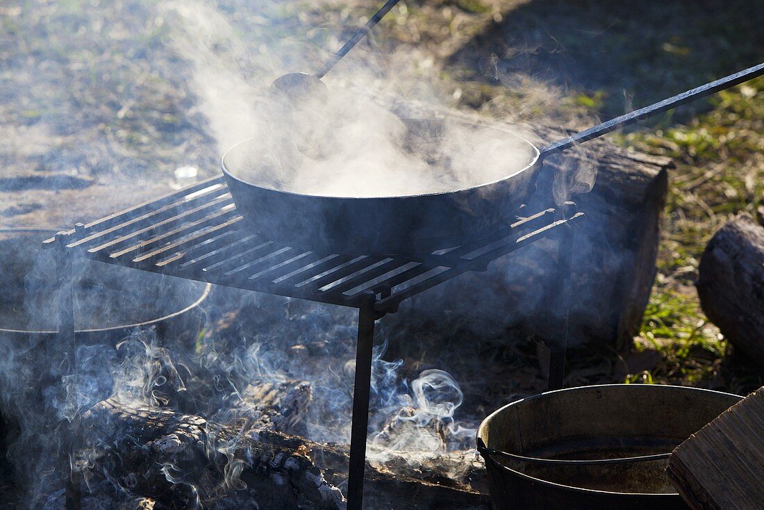 Smoke and Steam Rising From a Skillet Over an Open Campfire