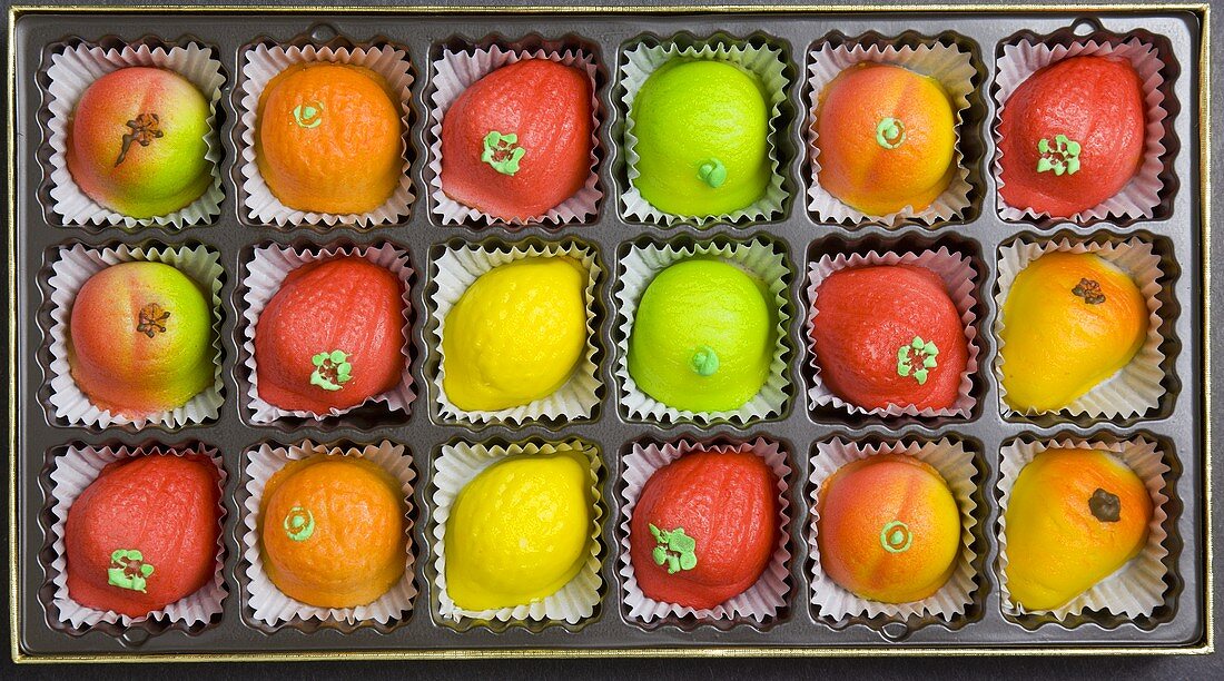 Marzipan Candy Shaped as Fruit in a Box