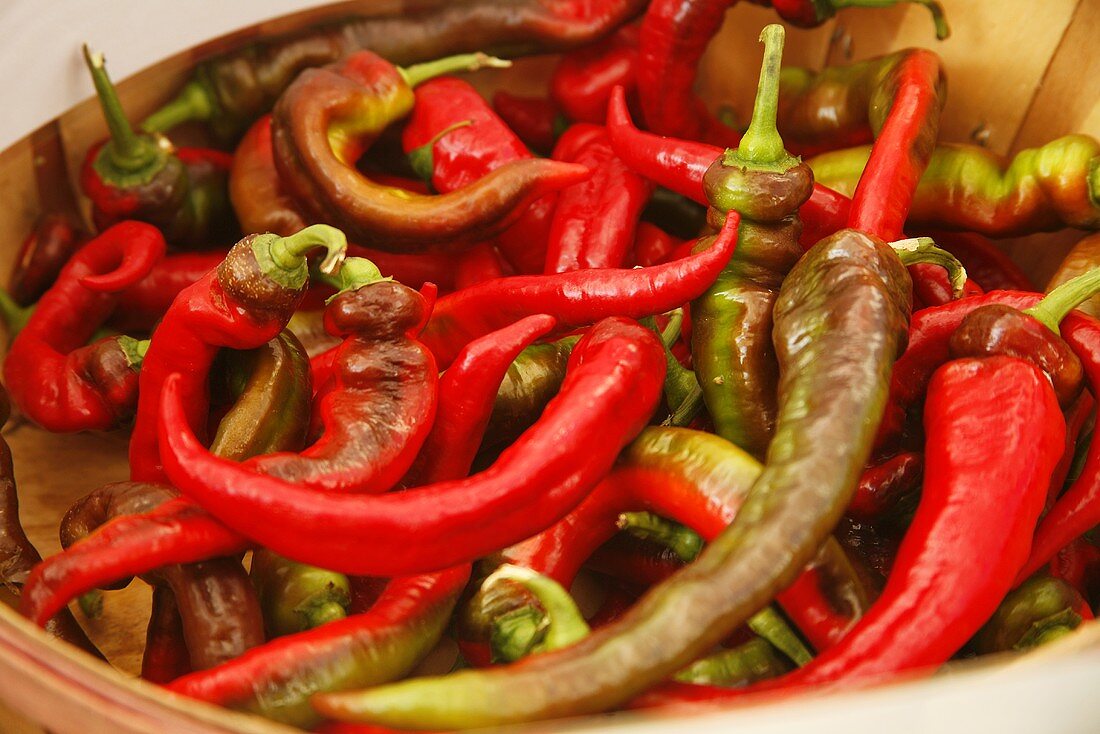 Organic Chili Peppers in a Basket; At Farmer's Market