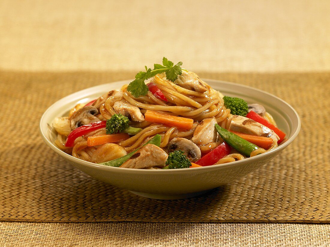 Asian Noodles with Steamed Chicken and Vegetables; In a  Bowl