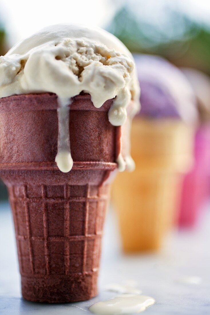 Vanilla Ice Cream in a Chocolate Cone; Melting