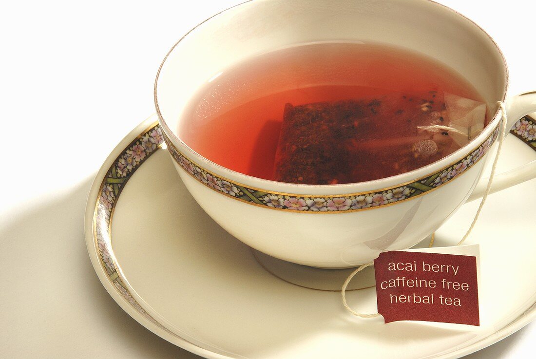 Acai Berry Caffeine Free Herbal Tea Tea Bag Steeping in a Cup