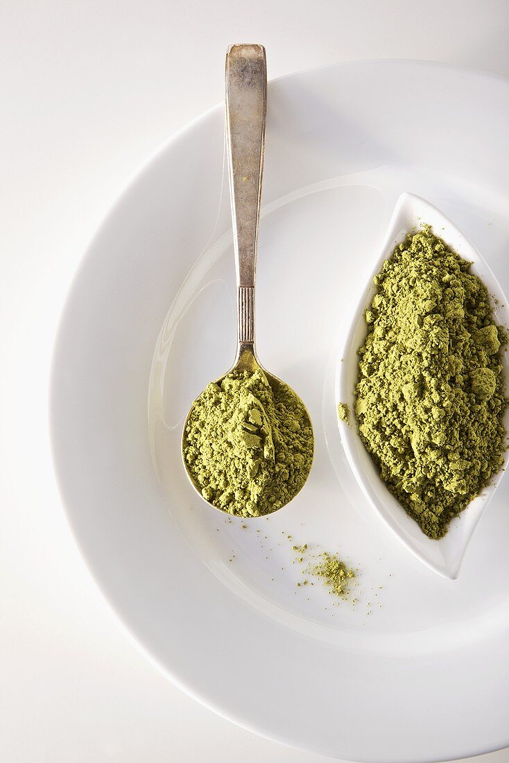 Spoonful and Bowl of Green Tea Powder