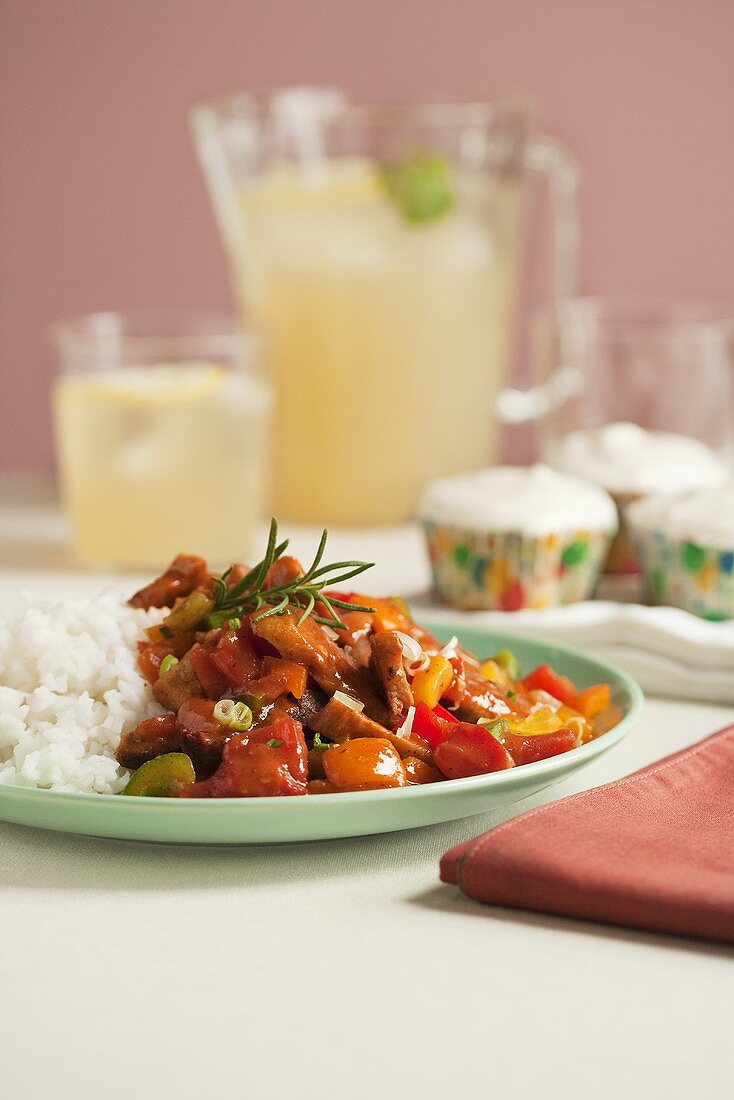 Vegan Dinner of Vegetables and Rice; Lemonade and Cupcakes